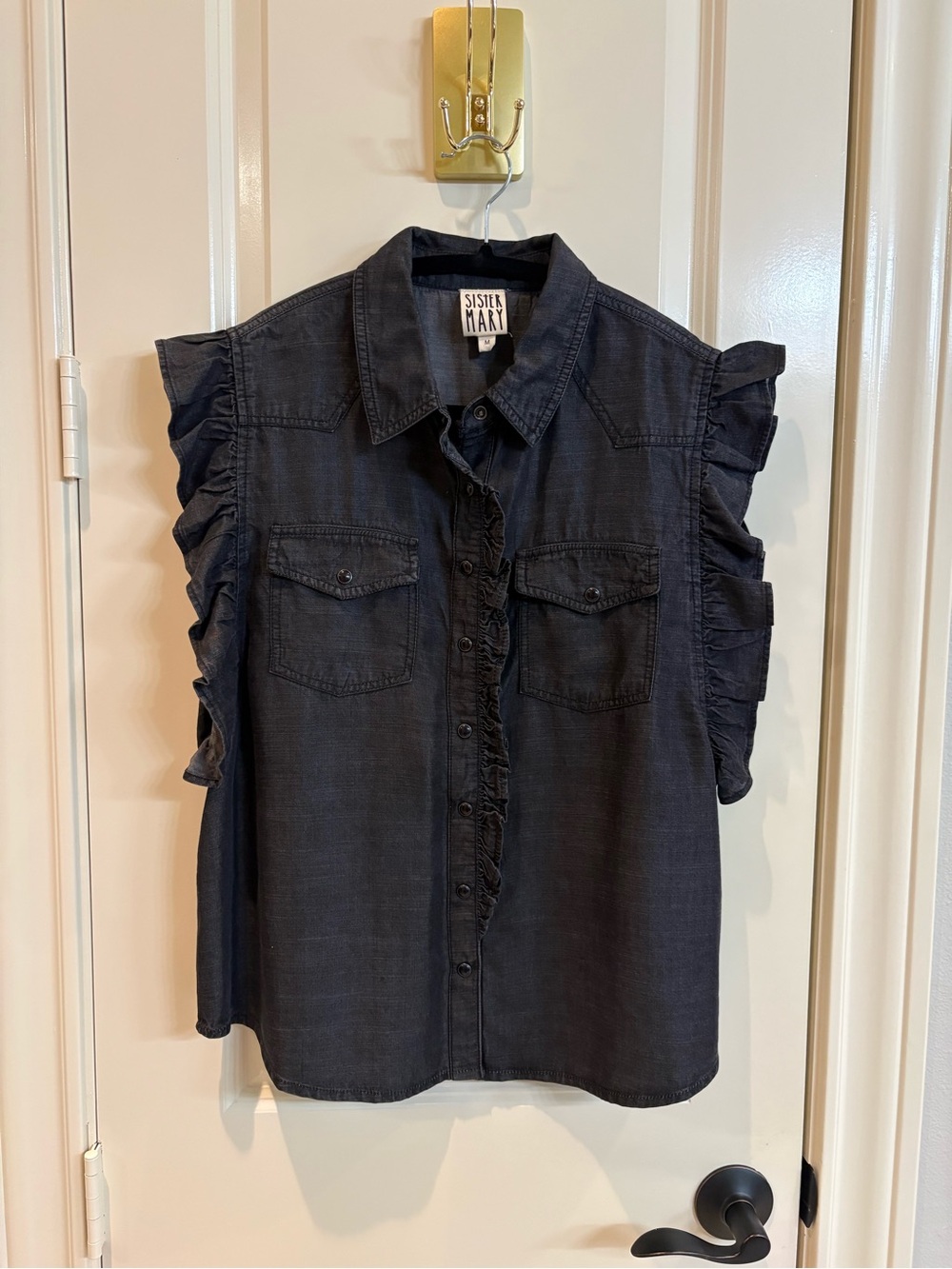 Sister Mary (Ivy Jane) Black Ruffle-Sleeve Button Down Top